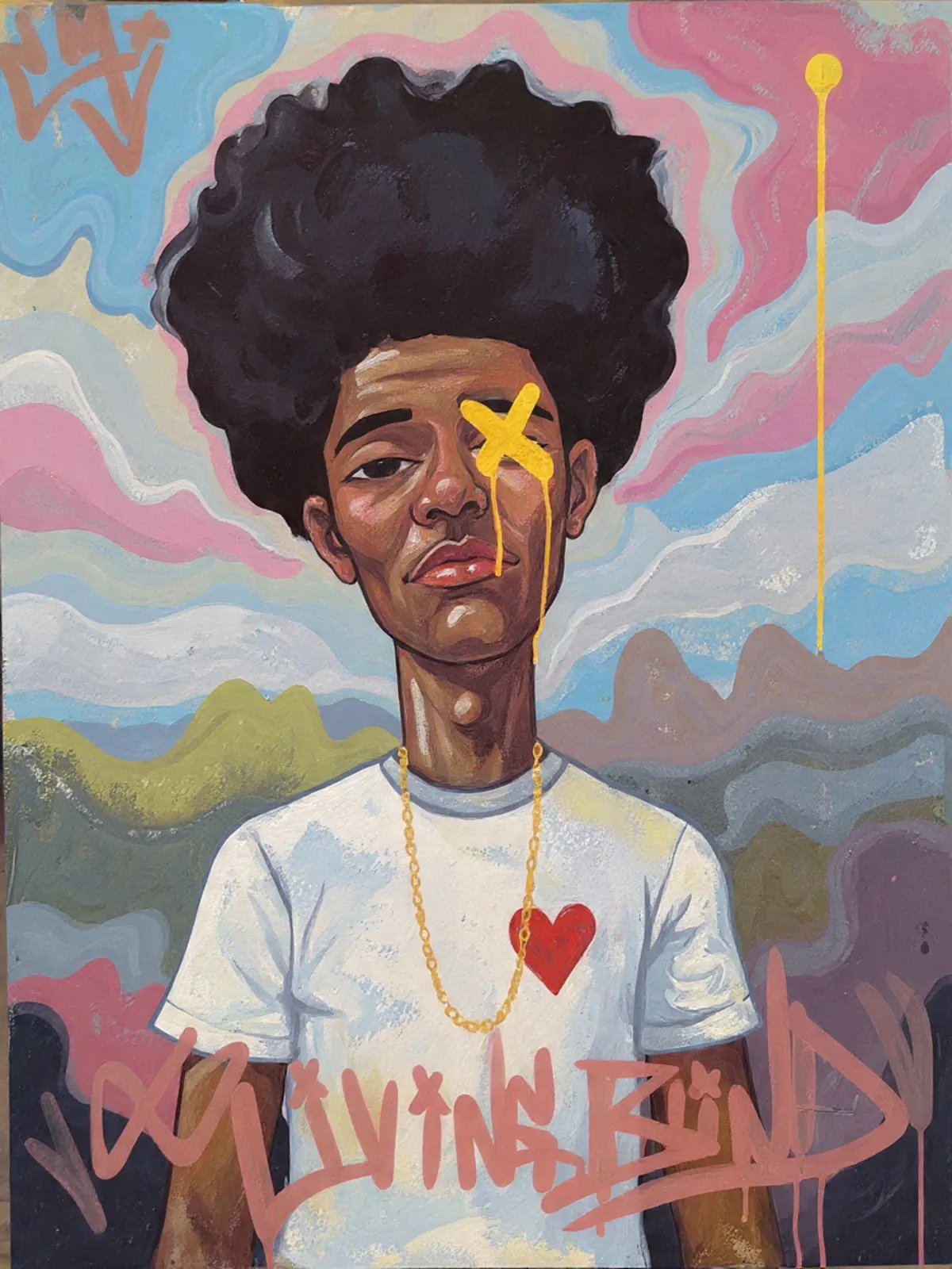 Heart Signal original portrait painting by Charlie Mayne with gold cross and heart symbolism