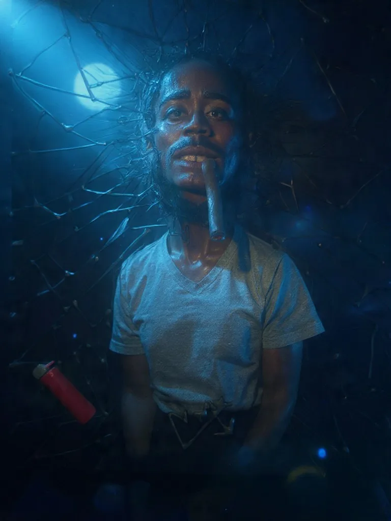 Surreal portrait art piece by Charlie Mayne with stylized face and moody blue mixed media lighting